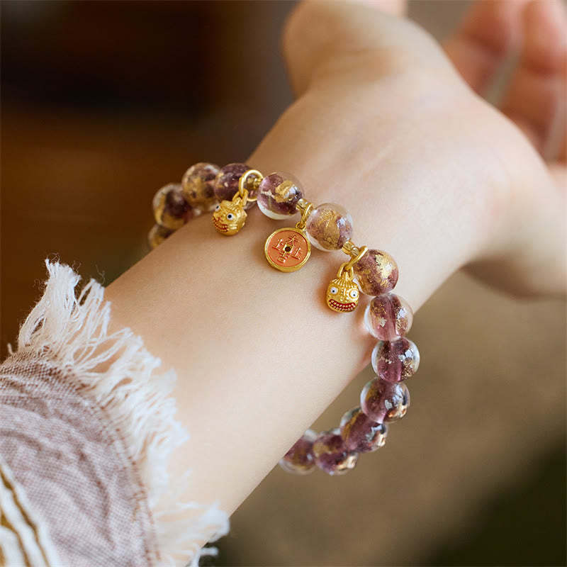 Gold Swallowing Beast Copper Coin Good Luck Charm Liuli Glass Bead Fortune Bracelet