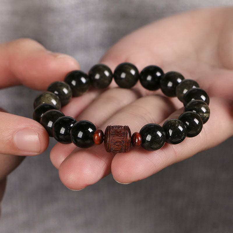 Natural Gold Sheen Obsidian Rainbow Obsidian Om Mani Padme Hum Fu Character Healing Bracelet