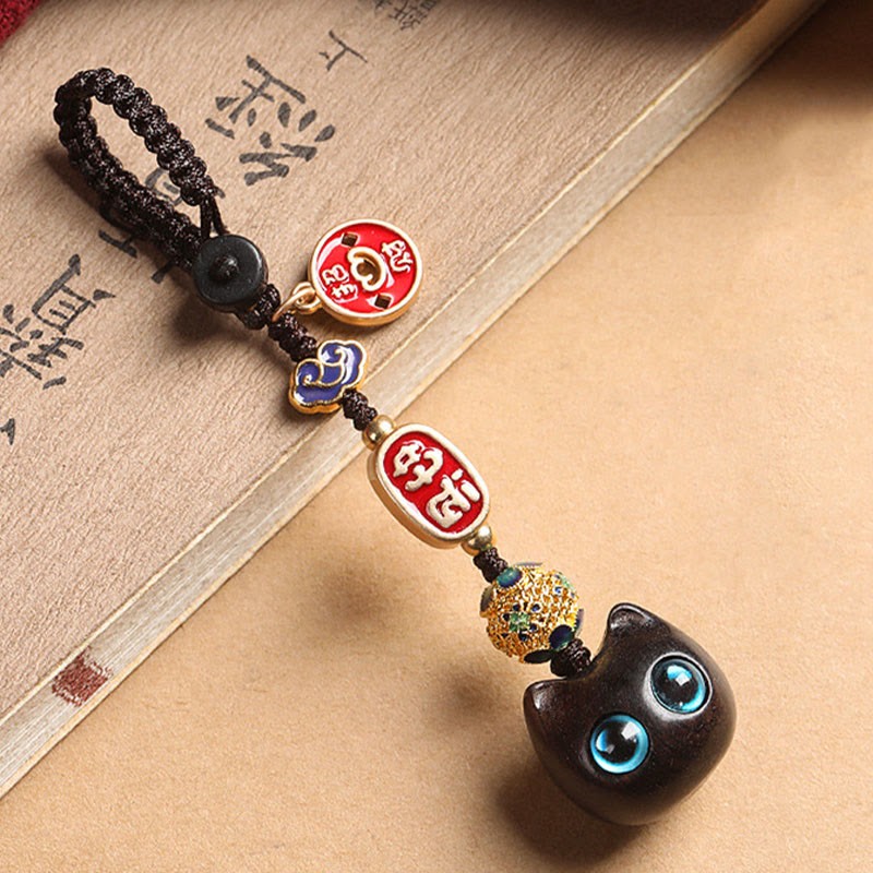 Ebony Wood Lucky Cat Auspicious Cloud Peace Key Chain Phone Hanging Decoration