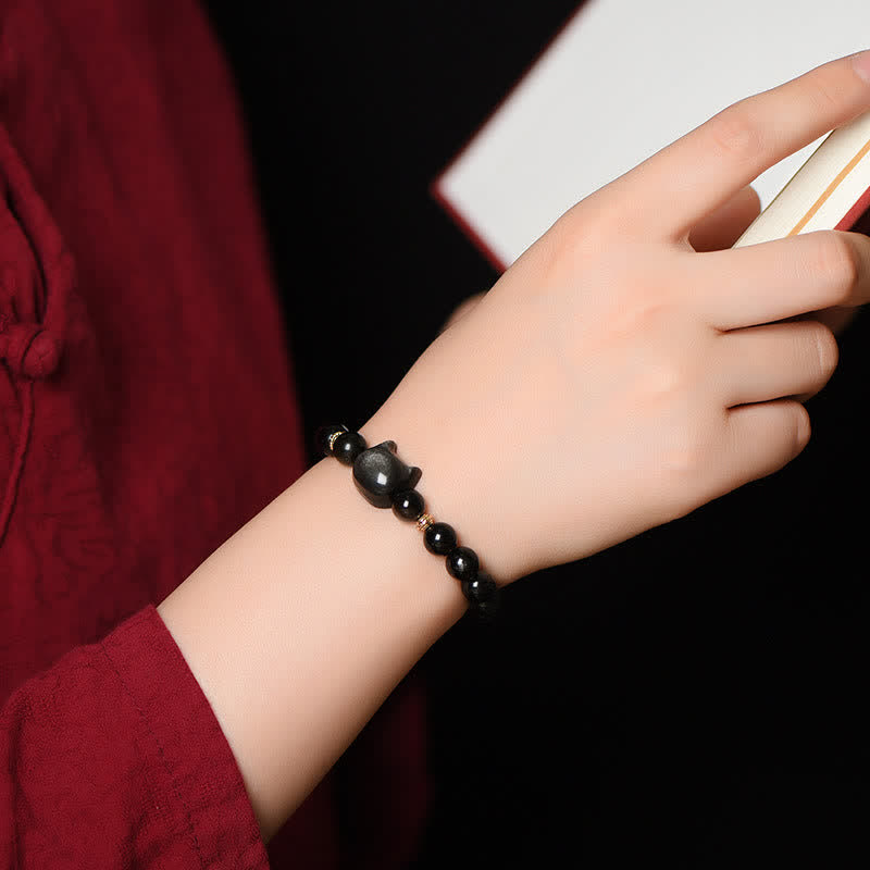 Gold Sheen Obsidian Silver Sheen Obsidian Lovely Paw Lucky Cat Protection Bracelet