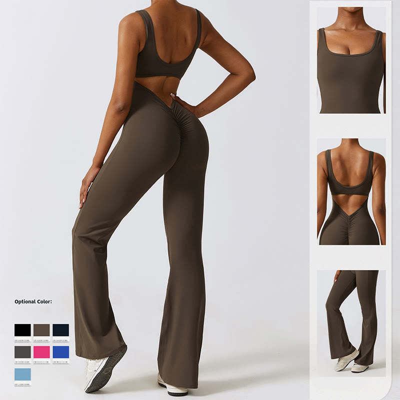 Women Workout Sleeveless Jumpsuit Flare Pants Sports Fitness Yoga Bodysuit