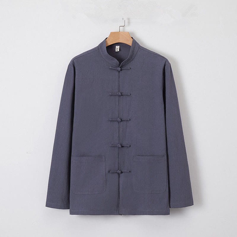 Men's Tang Long Sleeve Shirt Frog Button With Pocket Stand Collar Comfort Linen Shirt