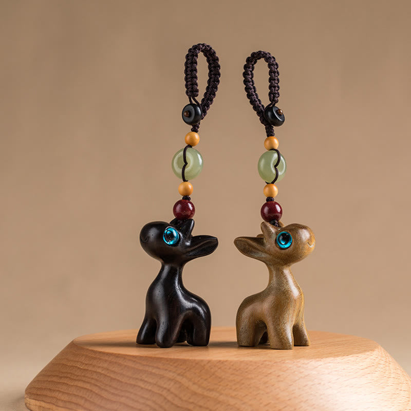 Green Sandalwood Ebony Wood Mini Deer Positive Peace Buckle Key Chain Phone Hanging Decoration