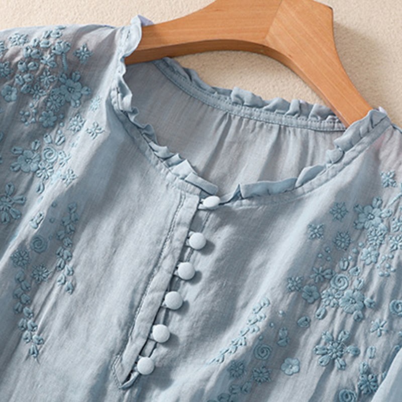 Casual Plain Button Floral Embroidered Design Puff Half Sleeve Cotton Linen Women's Shirt