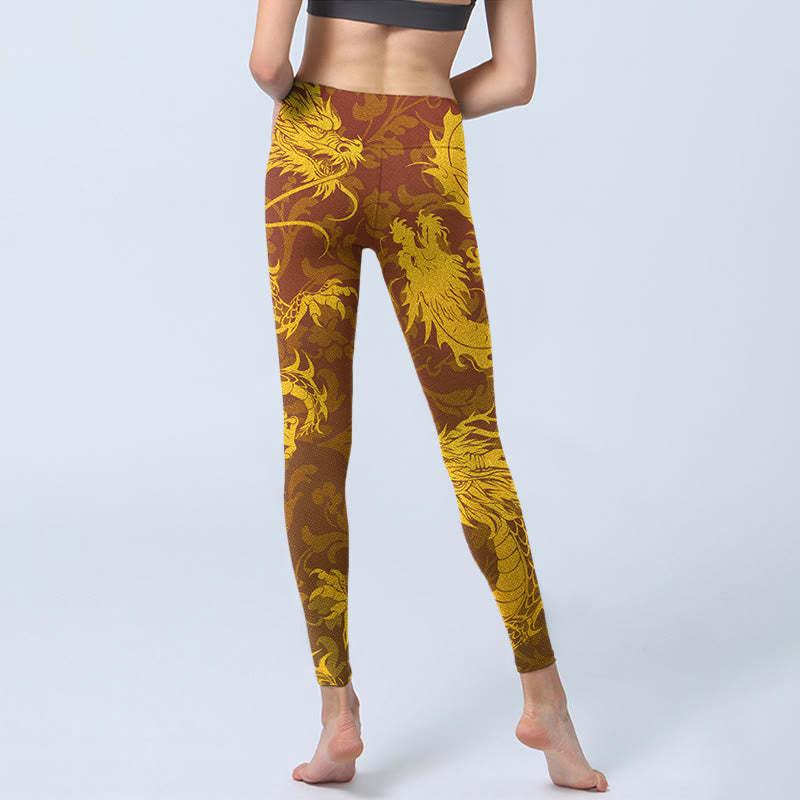 Golden Dragon Flowers Print Gym Leggings Women's Yoga Pants