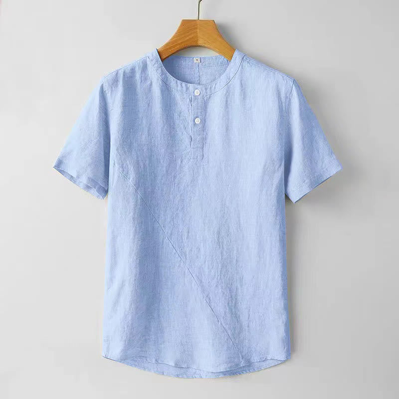 Solid Color Short Sleeve Two Top Buttons Cotton Linen Men's Shirt