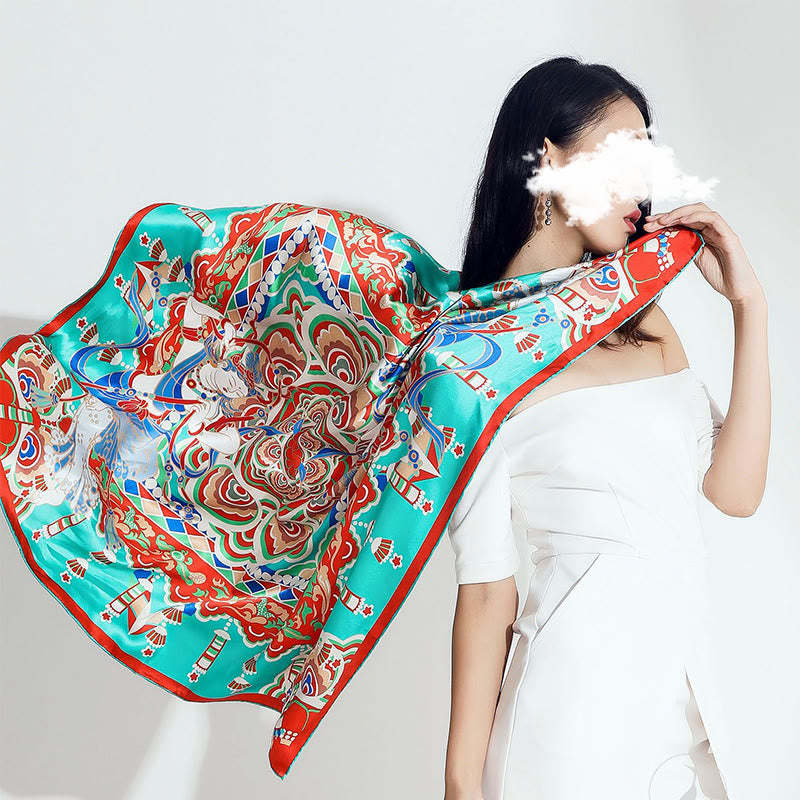 Dunhuang Musician Playing Frescoes 100% Mulberry Silk Scarf Premium Grade 6A Dunhuang Silk Shawl
