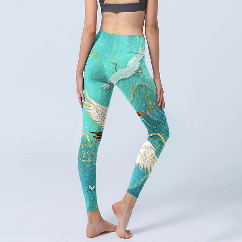 Mint Green Mountain Crane Print Fitness Leggings Women's Yoga Pants