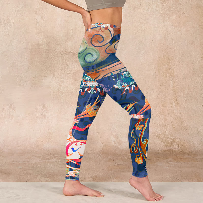 Deer Auspicious Clouds Lotus Gym Leggings Women's Yoga Pants