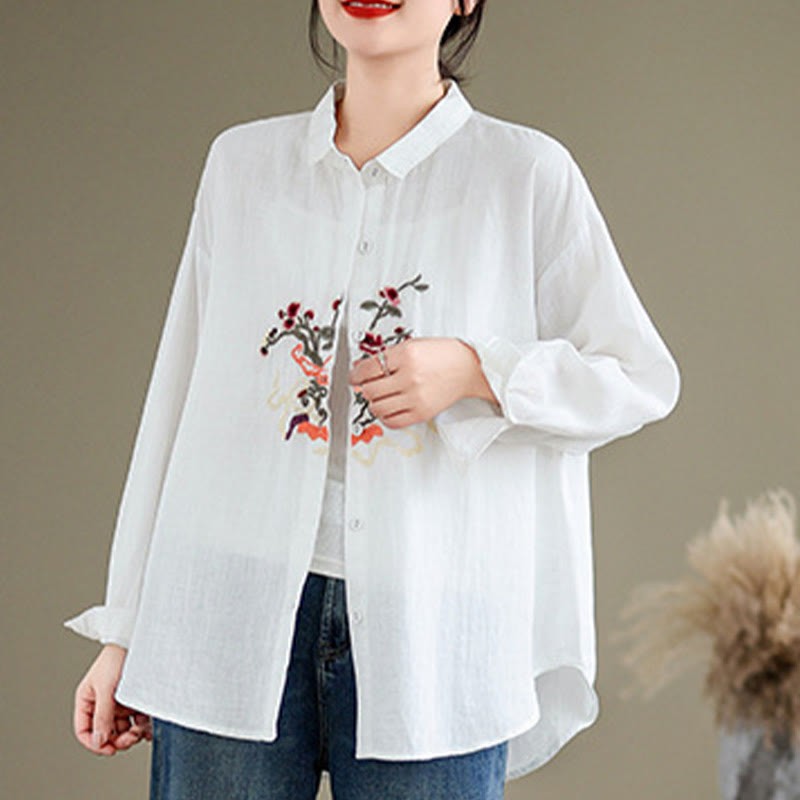 Flower Embroidery Long Sleeve Cotton Linen Women's Shirts