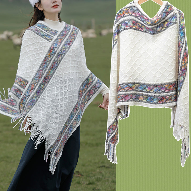 Tibetan Colorful Striped Rhombus Pattern Shawl Tassels Pullover Winter Cozy Travel Scarf Wrap