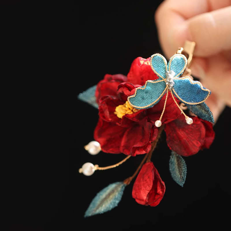 Chinese Style Red Camellia Butterfly Hair Clip Hair Comb Hairpin Barrette Accessory