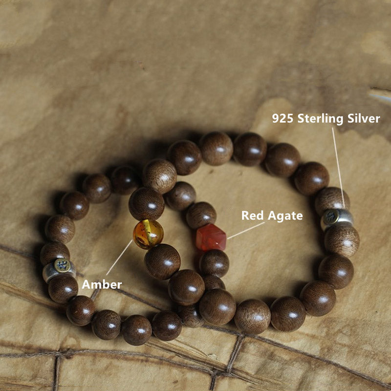 Chinese Zodiac Natal mystic zen Kalimantan Agarwood Red Agate Amber 925 Sterling Silver Bracelet