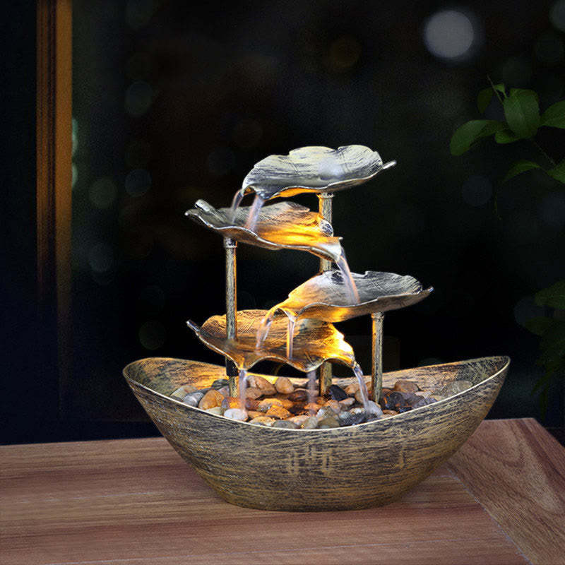 Lotus Leaf Shaped Waterfall Fountain Tabletop Ornaments With LED Light Home Office Desktop Decoration