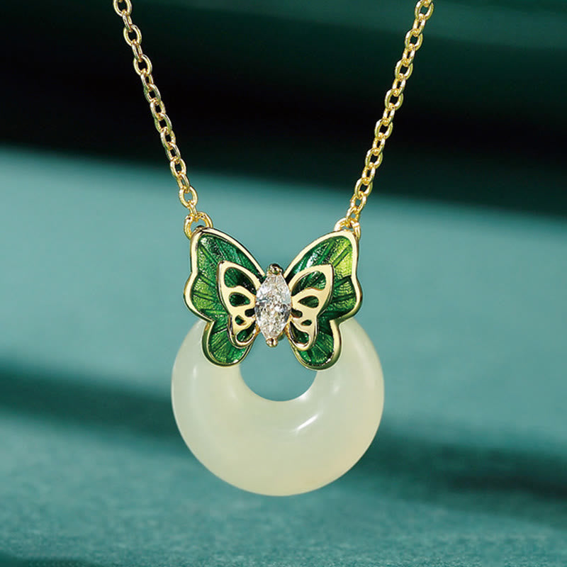 925 Sterling Silver Natural Hetian Jade Peace Buckle Butterfly Zircon Luck Bracelet Necklace Pendant