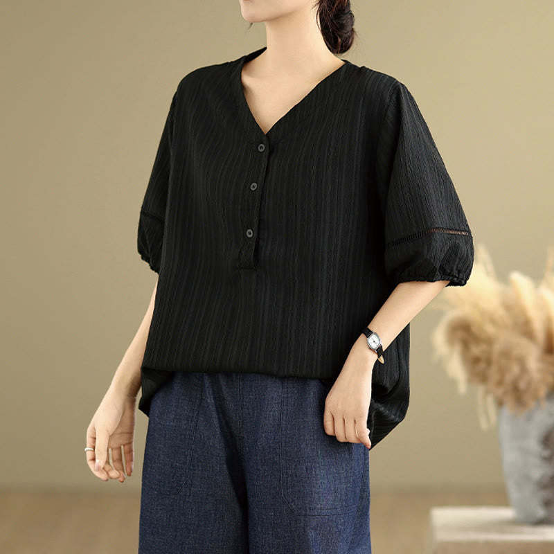 Summer Casual Pure Half Puff Sleeve Half Button V-neck Women's T-Shirt