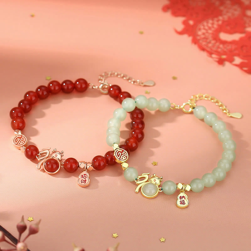 925 Sterling Silver Year of the Dragon Natural Red Agate Hetian Jade Fu Character Luck Gourd Bracelet