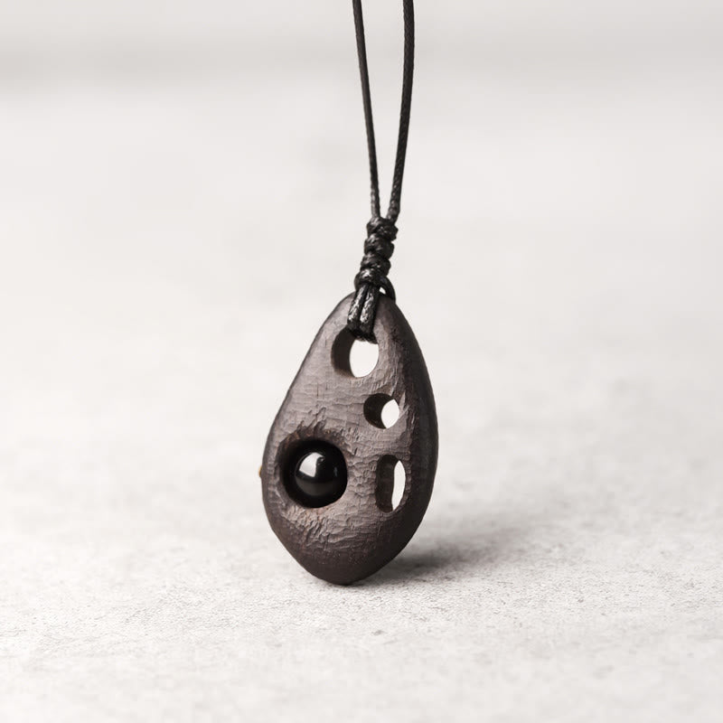 Ebony Wood Hollow Inlaid Obsidian Peace Calm Necklace Pendant