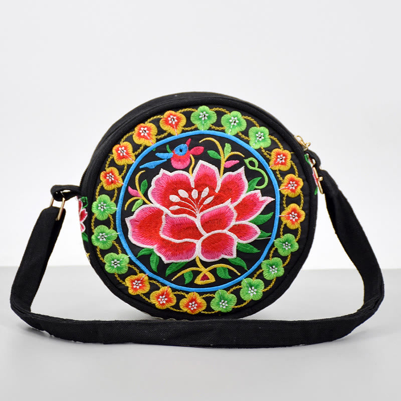 Money Tree Galsang Inula Flower Peony Rose Peacock Double-Sided Embroidery Canvas Shopping Purse Handbag Crossbody Bag