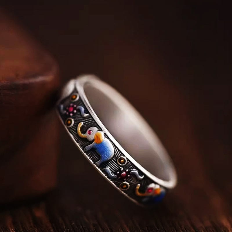 Colorful Elephant Carved Strength Adjustable Ring