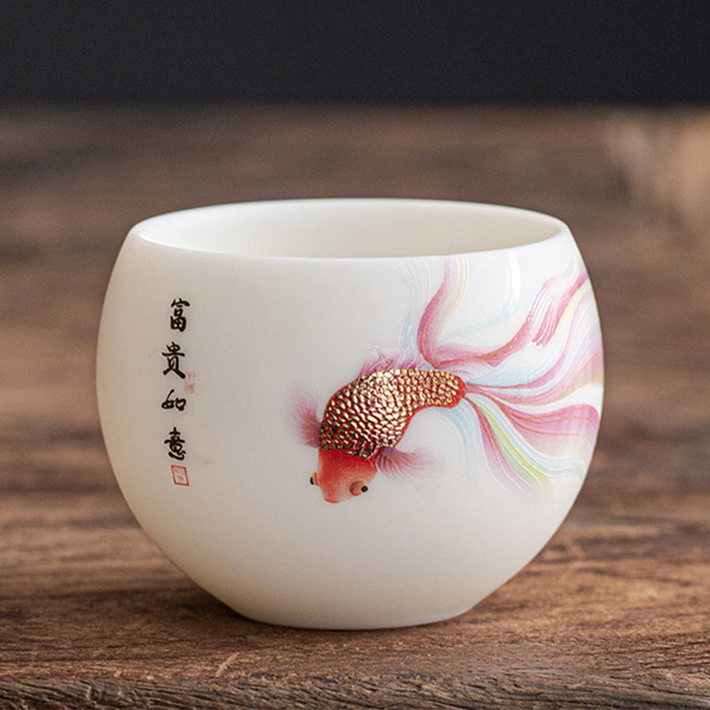 Koi Fish White Porcelain Ceramic Teacup Kung Fu Tea Cup