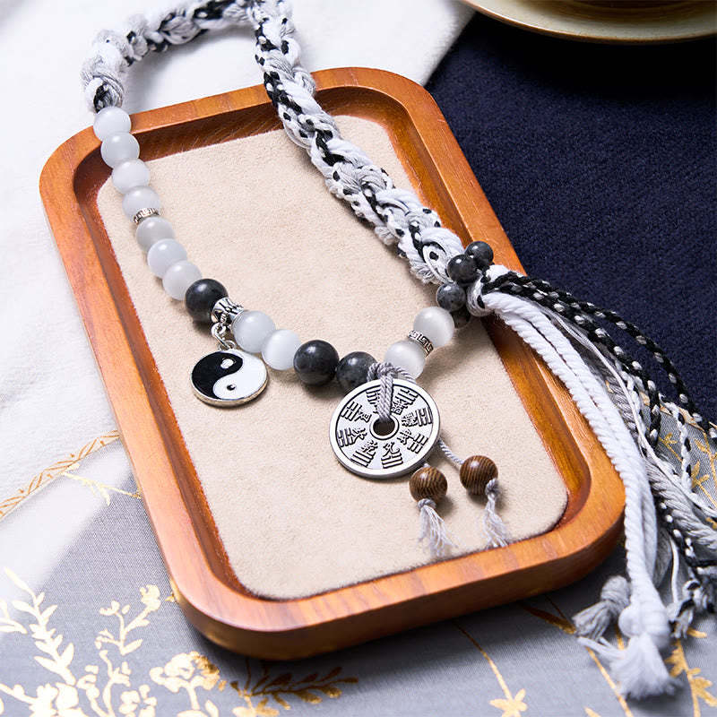 Black Glitter Stone Cat's Eye Yin Yang Mountain Ghosts Spend Money Power Double Layer Rope Bracelet