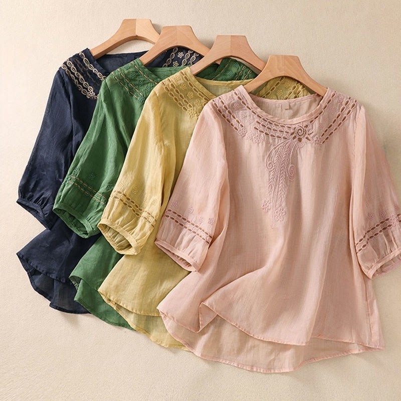 Artistic Plain Floral Embroidered Design Crew Neck Puff Half Sleeve Cotton Linen Women's T-Shirt