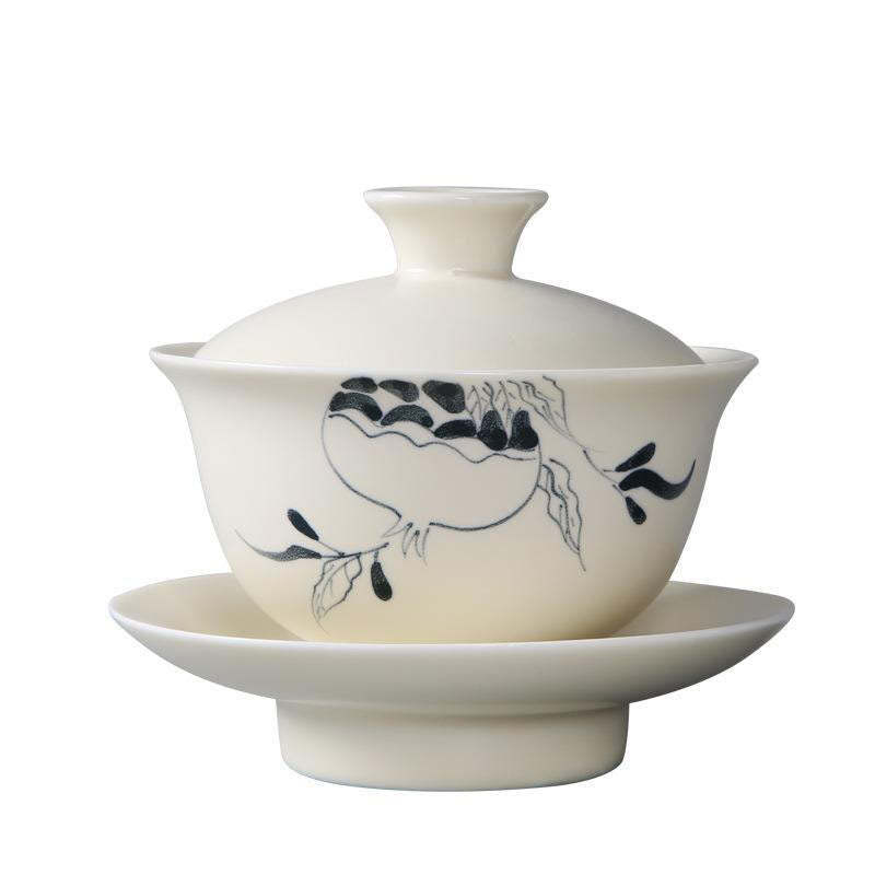 Hand Painted Pomegranate Hibiscus Pine Lotus Ceramic Gaiwan Sancai Teacup Kung Fu Tea Cup And Saucer With Lid