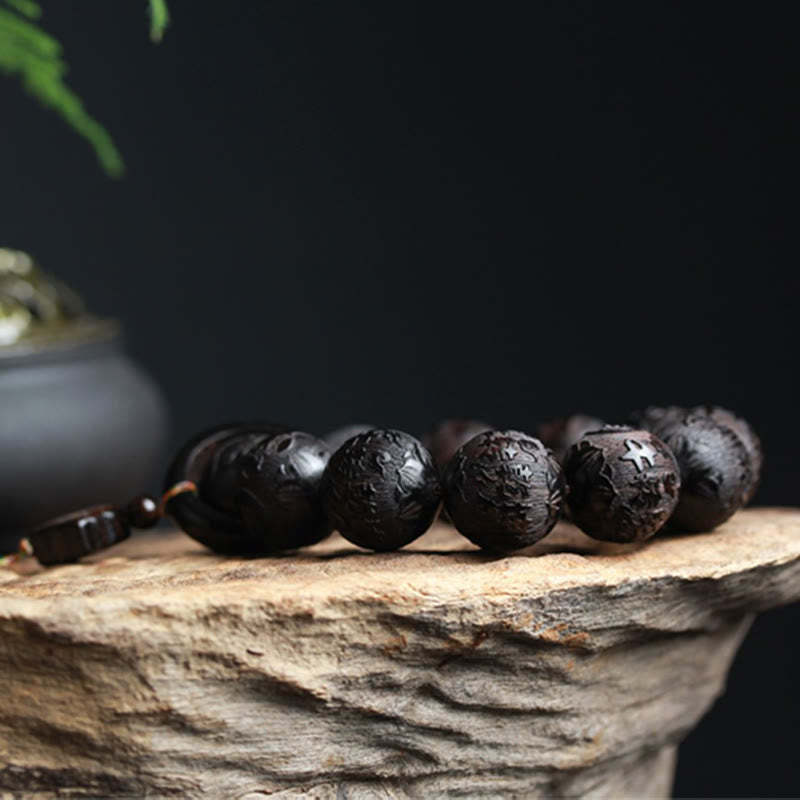Ebony Wood Chinese Character Yin Yang Engraved Gourd Balance Bracelet