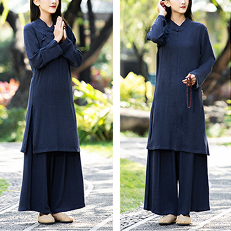 2Pcs Plain Long Sleeve Zen Yoga Clothing Meditation Clothing Top Pants Women's Set