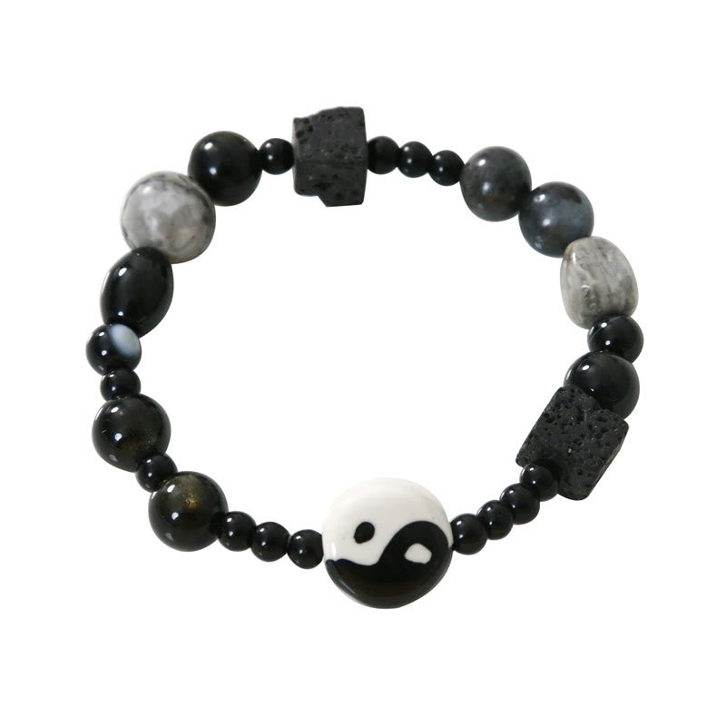 Black Onyx Picasso Jasper Bead Yin Yang Fortune Protection Bracelet