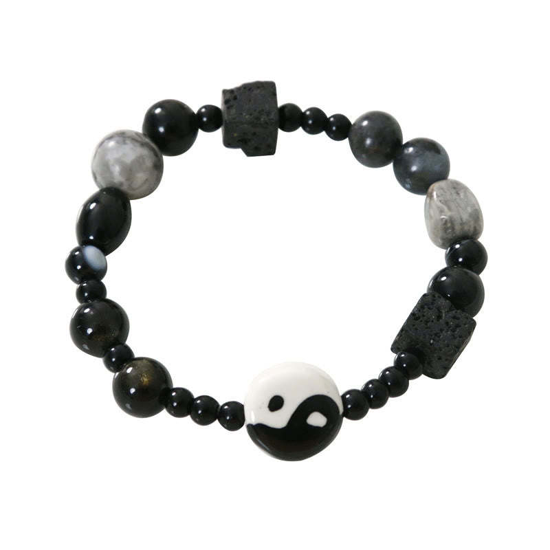 Black Onyx Picasso Jasper Bead Yin Yang Fortune Protection Bracelet