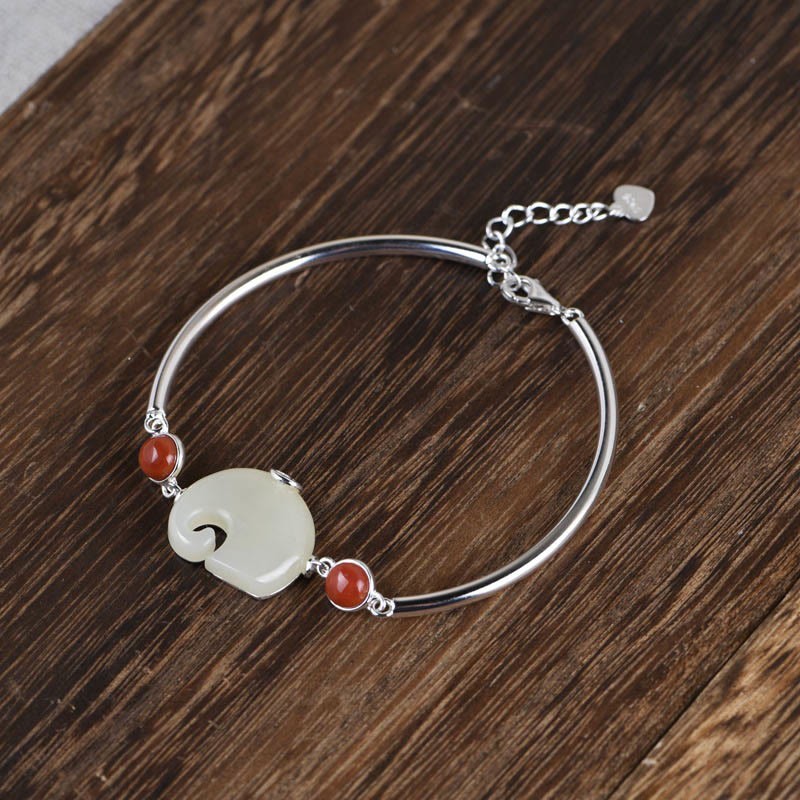 925 Sterling Silver Elephant Hetian Jade Abundance Necklace Pendant Bracelet Ring Earrings Set