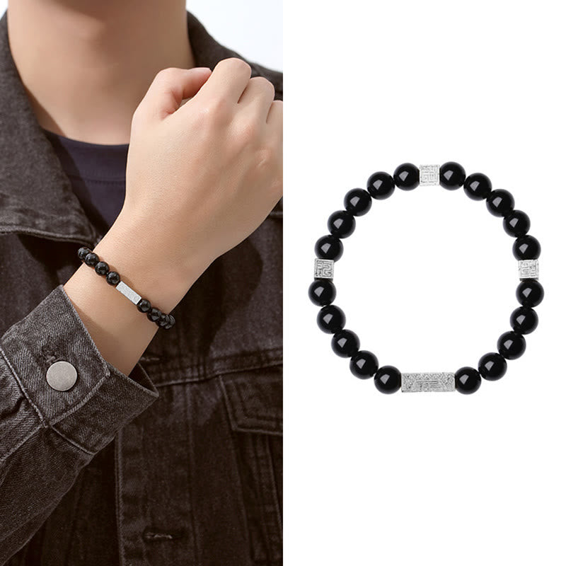 Black Obsidian 925 Sterling Silver Fu Character Cube Strength Bracelet