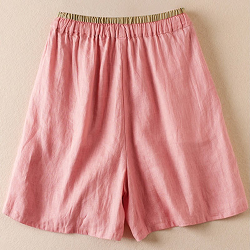 Wild Simple Design Embroidery Drawstring Cotton Linen Women's Shorts With Pockets