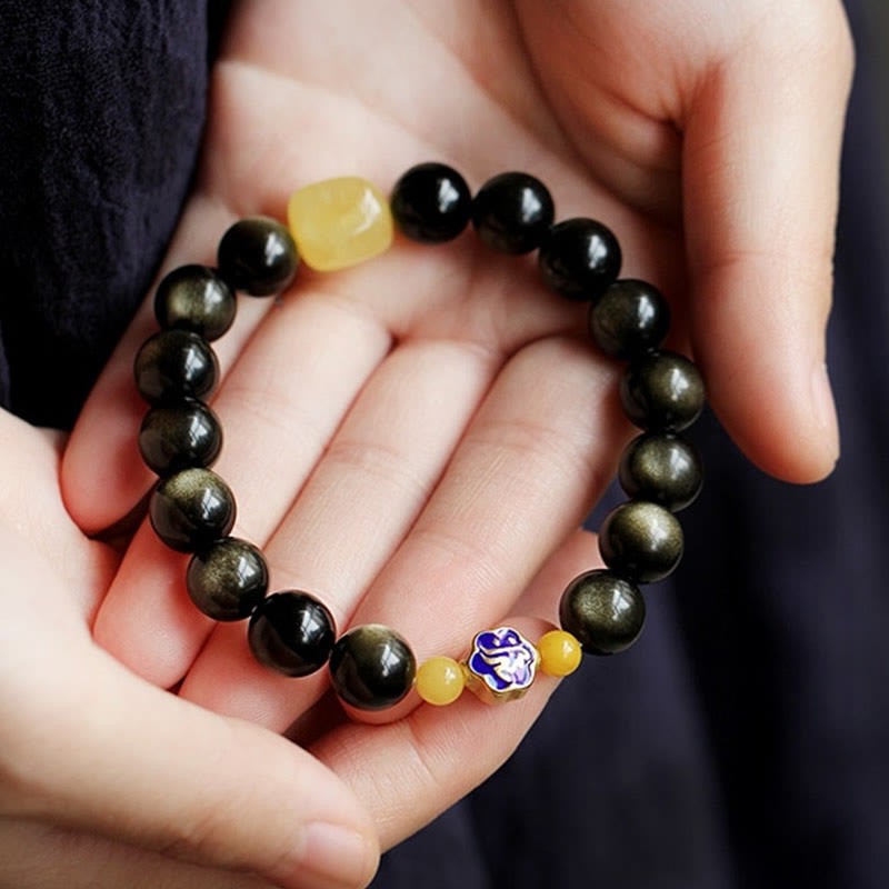 925 Sterling Silver Chinese Zodiac Natal mystic zen Natural Gold Sheen Obsidian Amber Wealth Protection Bracelet