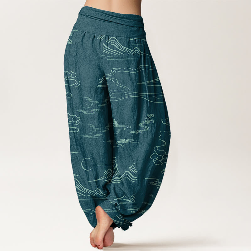 Mountain Moon Auspicious Clouds Pattern Women's Elastic Waist Harem Pants
