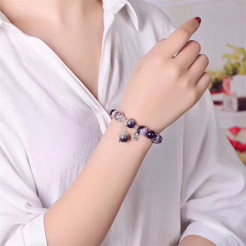 925 Sterling Silver Natural Amethyst Healing Feet Love Heart Charm Bracelet