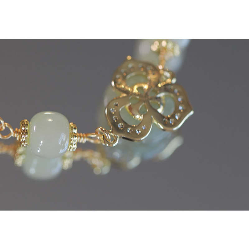 14K Gold Plated Hetian Jade Rose Flower Luck Chain Bracelet