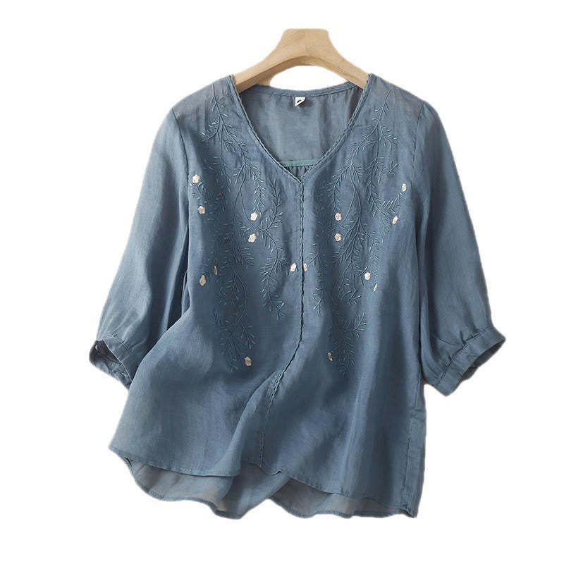 Summer Casual Flower Branches Embroidered Pattern V-Neck Half Sleeve Cotton Linen Women's T-shirt