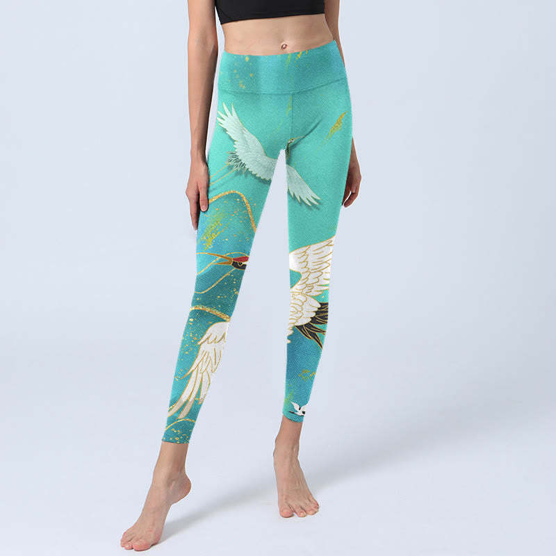 Mint Green Mountain Crane Print Fitness Leggings Women's Yoga Pants