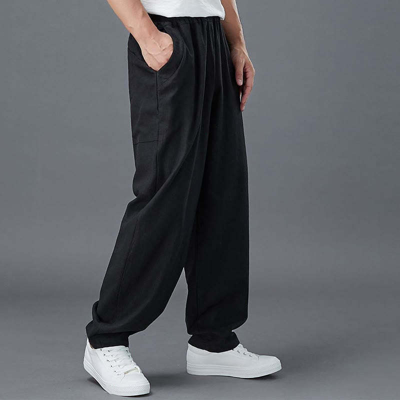 Plain Color Elastic Waist Ramie Linen Men's Pants With Pockets