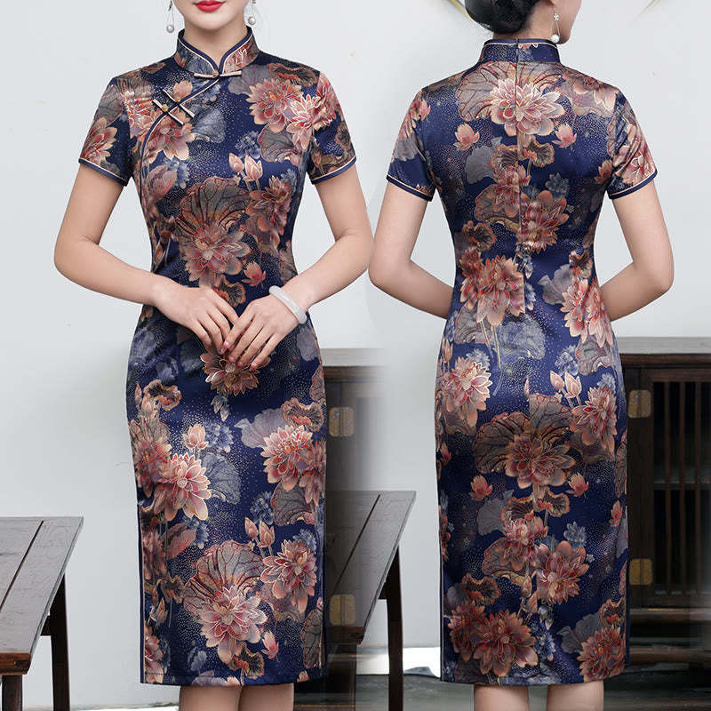 Retro Flower Lotus Peony Feather Print Qipao Dress Women's Cheongsam Dress