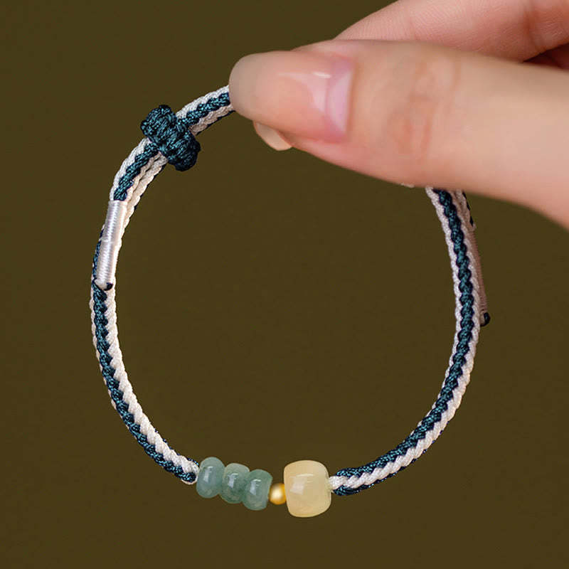 925 Sterling Silver Hetian Jade Bead Abundance Braided Rope Bracelet