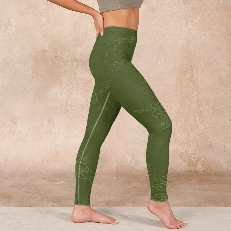 Green Auspicious Cloud Waves Print Gym Leggings Women's Yoga Pants
