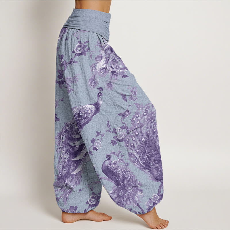Casual Peacock Perched On Branch Petals Women's Elastic Waist Harem Pants