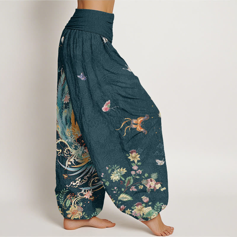 Casual Colorful Phoenix Butterfly Floral Pattern Women's Elastic Waist Harem Pants