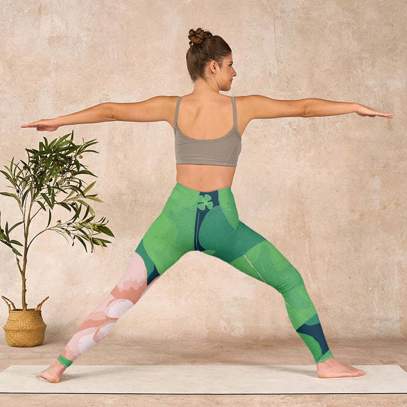Green Lotus Flower Leaf Print Sports Fitness Leggings Women's Yoga Pants