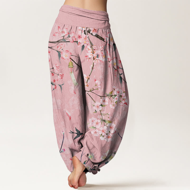 Peach Blossoms Flying Geese Pattern Women's Elastic Waist Harem Pants
