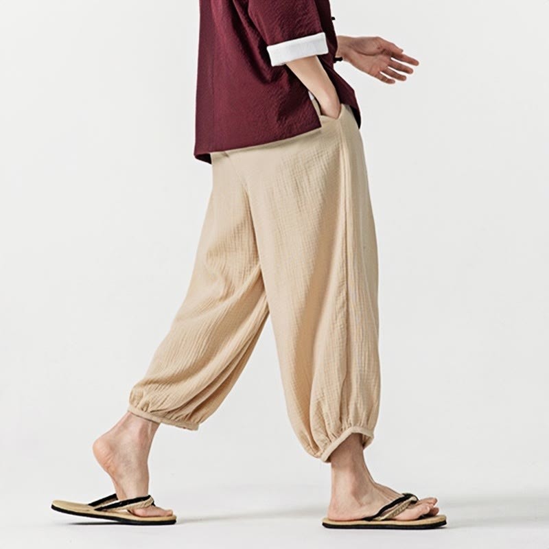 Soft Solid Color Drawstring Cotton Men's Pants With Pockets